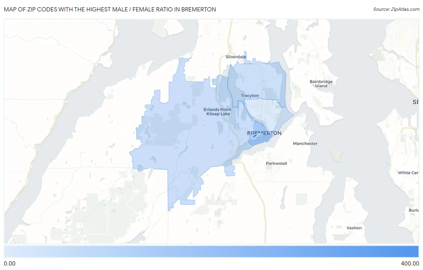 Zip Codes with the Highest Male / Female Ratio in Bremerton Map