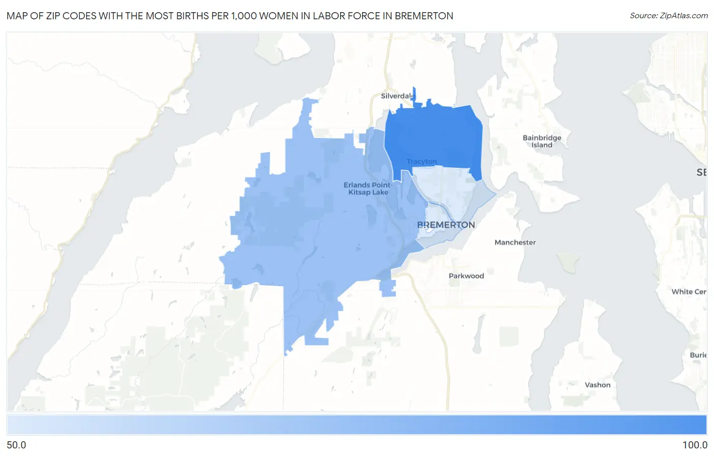 Zip Codes with the Most Births per 1,000 Women in Labor Force in Bremerton Map