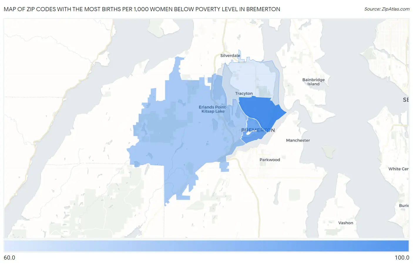Zip Codes with the Most Births per 1,000 Women Below Poverty Level in Bremerton Map