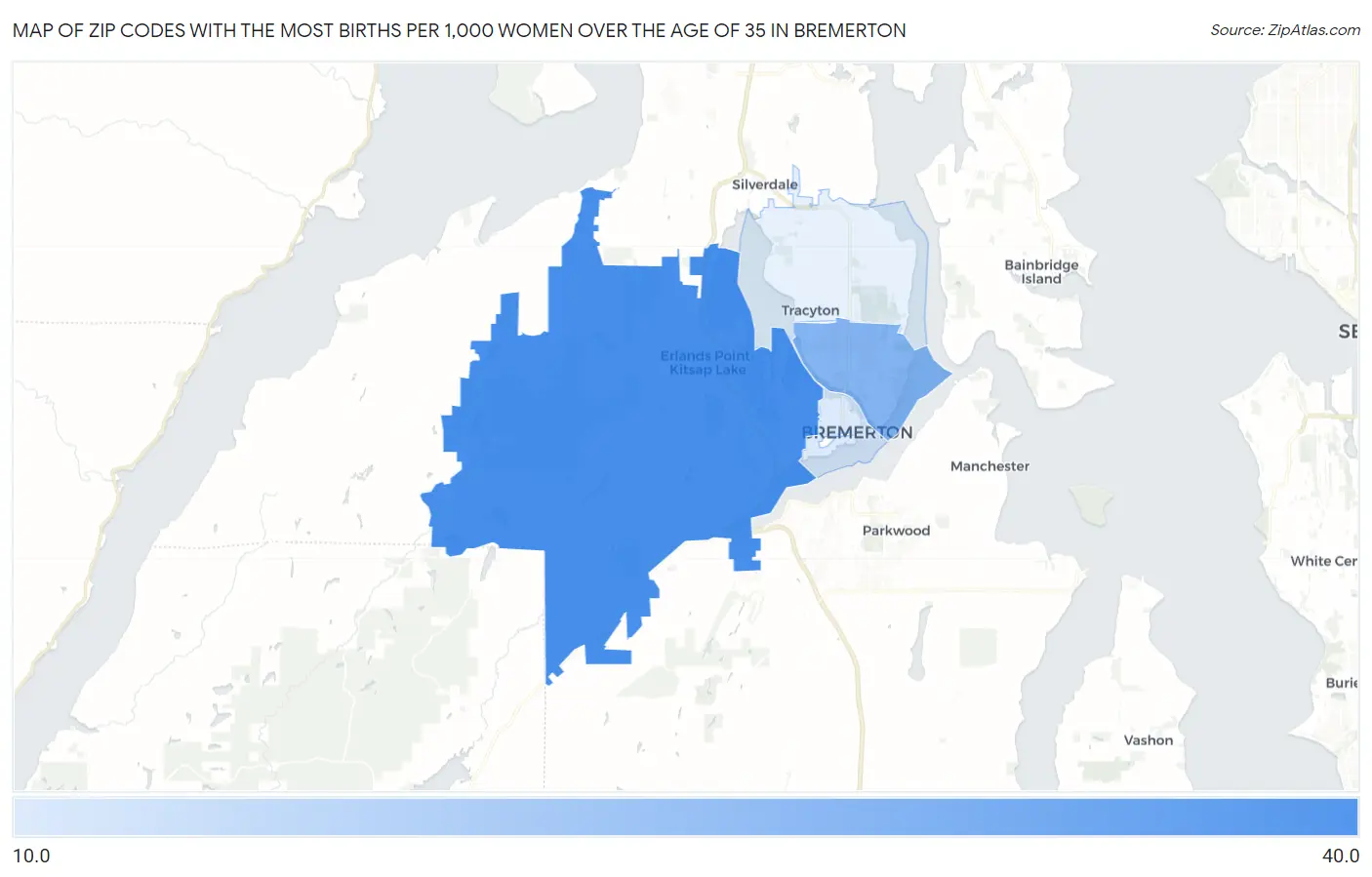 Zip Codes with the Most Births per 1,000 Women Over the Age of 35 in Bremerton Map