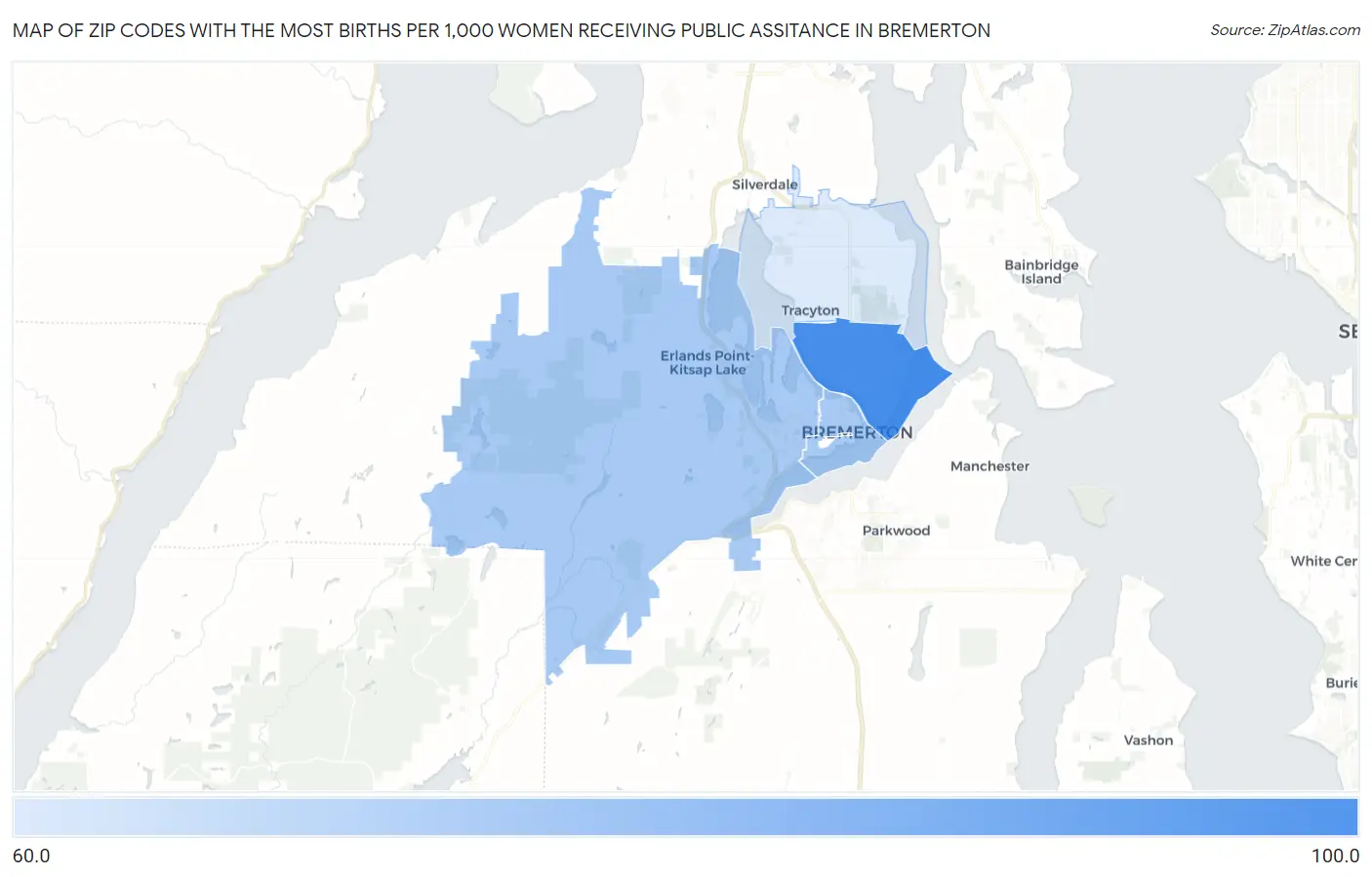 Zip Codes with the Most Births per 1,000 Women Receiving Public Assitance in Bremerton Map