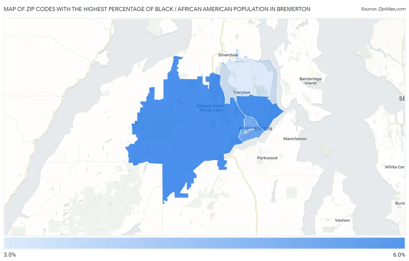 Zip Codes with the Highest Percentage of Black / African American Population in Bremerton Map