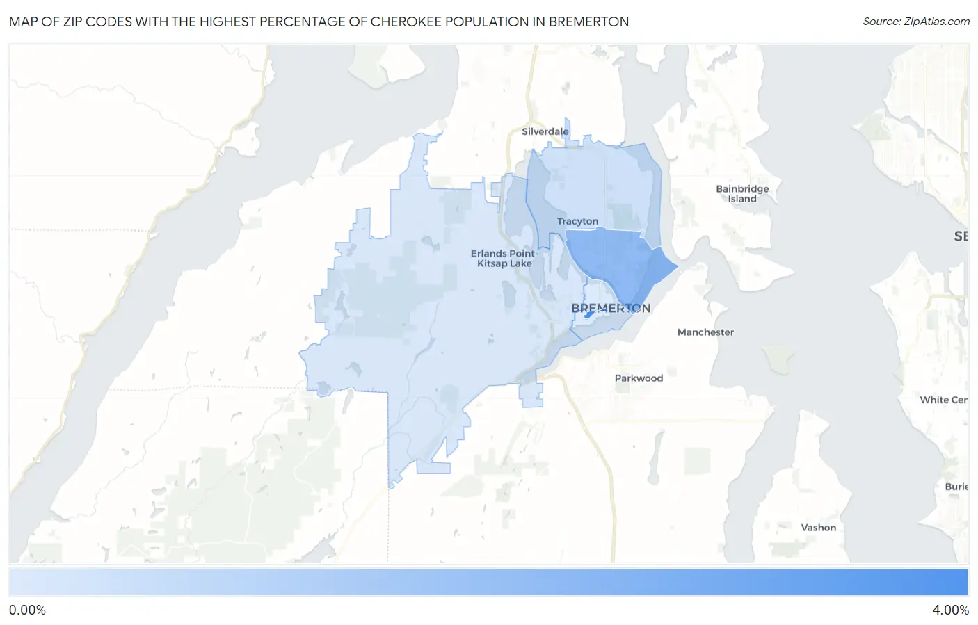 Zip Codes with the Highest Percentage of Cherokee Population in Bremerton Map