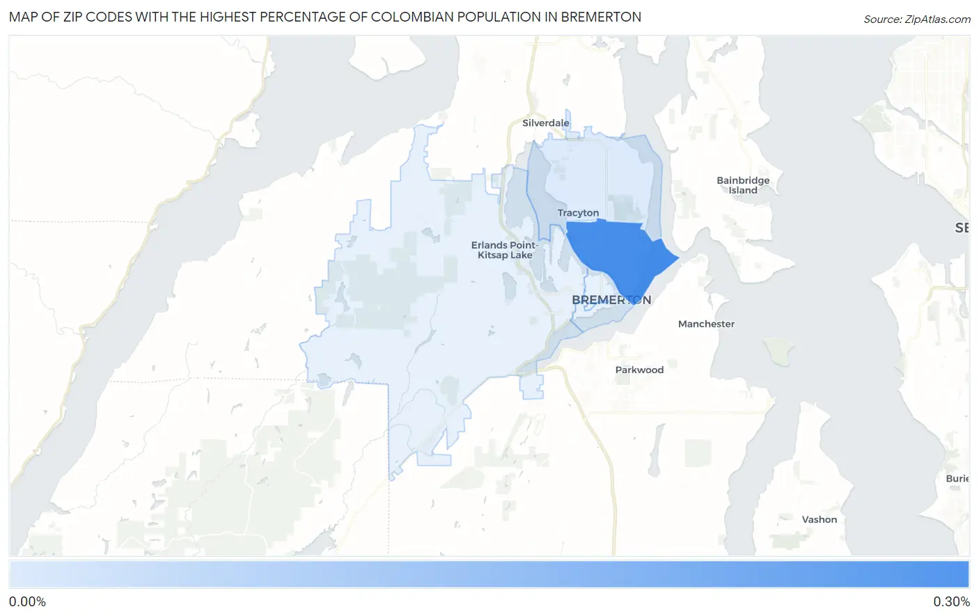 Zip Codes with the Highest Percentage of Colombian Population in Bremerton Map