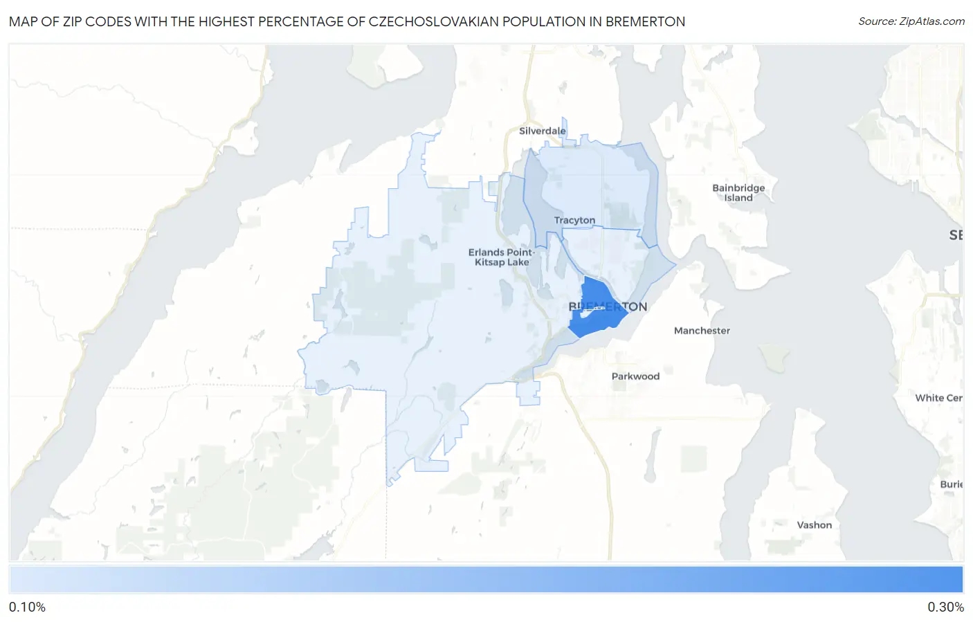 Zip Codes with the Highest Percentage of Czechoslovakian Population in Bremerton Map