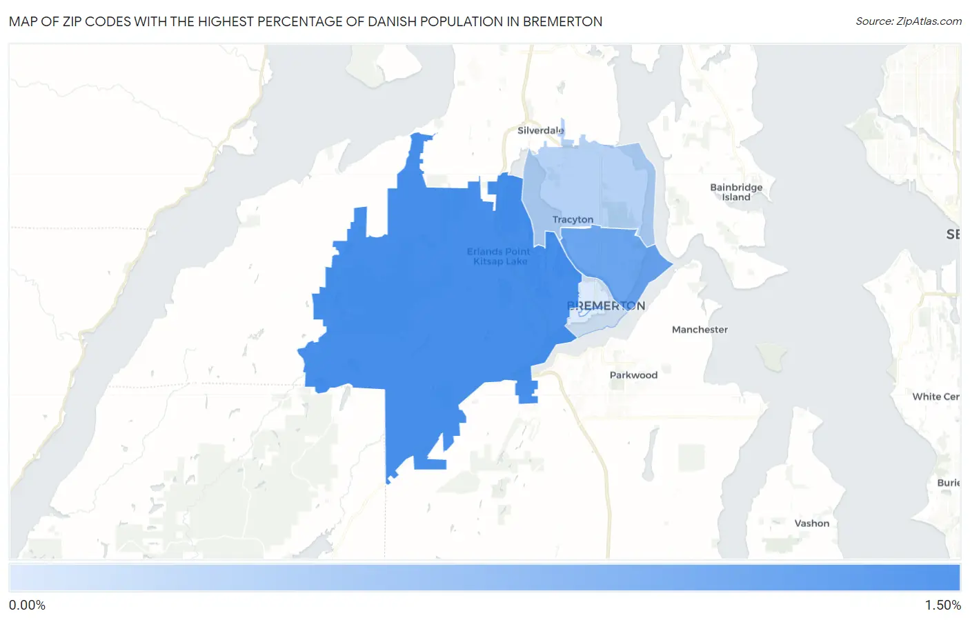Zip Codes with the Highest Percentage of Danish Population in Bremerton Map