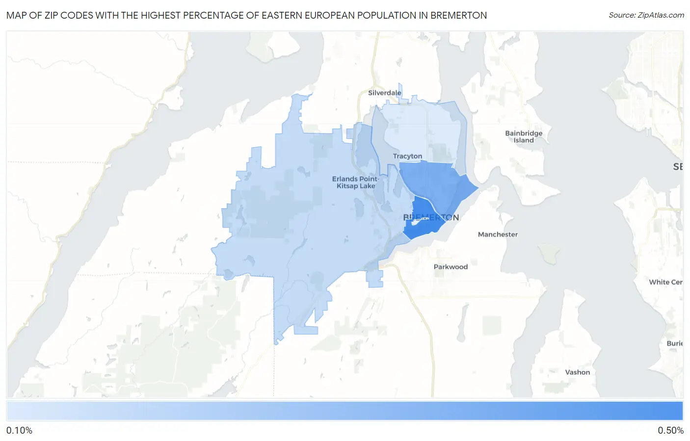 Zip Codes with the Highest Percentage of Eastern European Population in Bremerton Map