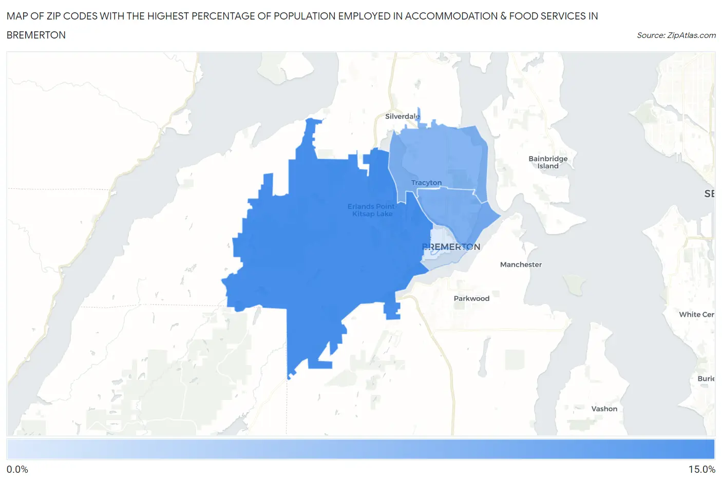 Zip Codes with the Highest Percentage of Population Employed in Accommodation & Food Services in Bremerton Map