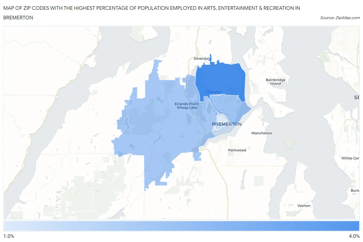 Zip Codes with the Highest Percentage of Population Employed in Arts, Entertainment & Recreation in Bremerton Map