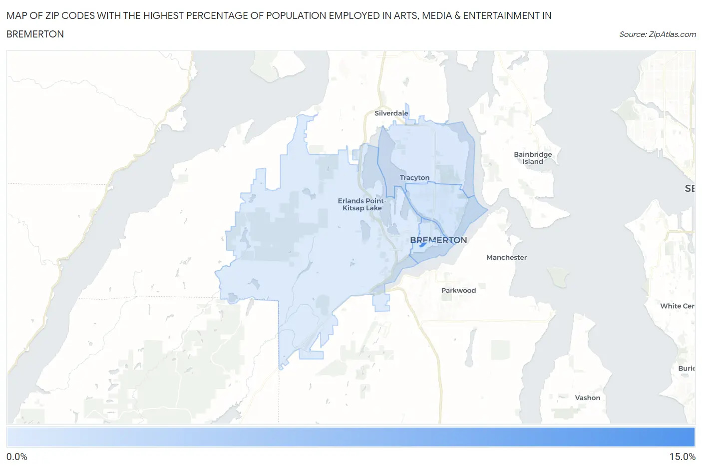 Zip Codes with the Highest Percentage of Population Employed in Arts, Media & Entertainment in Bremerton Map