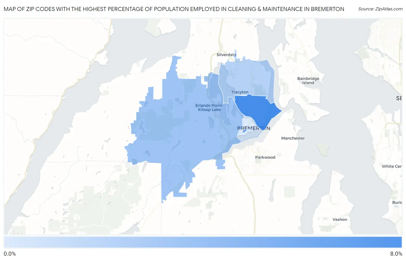 Zip Codes with the Highest Percentage of Population Employed in Cleaning & Maintenance in Bremerton Map