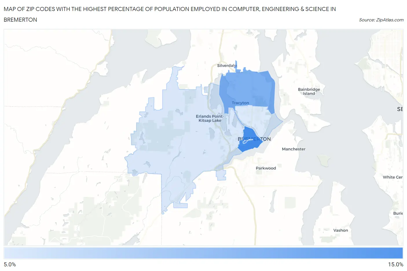 Zip Codes with the Highest Percentage of Population Employed in Computer, Engineering & Science in Bremerton Map