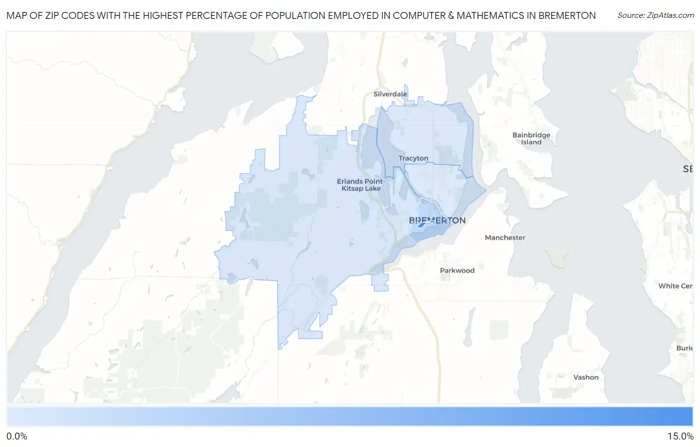 Zip Codes with the Highest Percentage of Population Employed in Computer & Mathematics in Bremerton Map