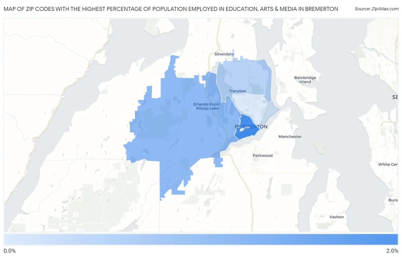Zip Codes with the Highest Percentage of Population Employed in Education, Arts & Media in Bremerton Map