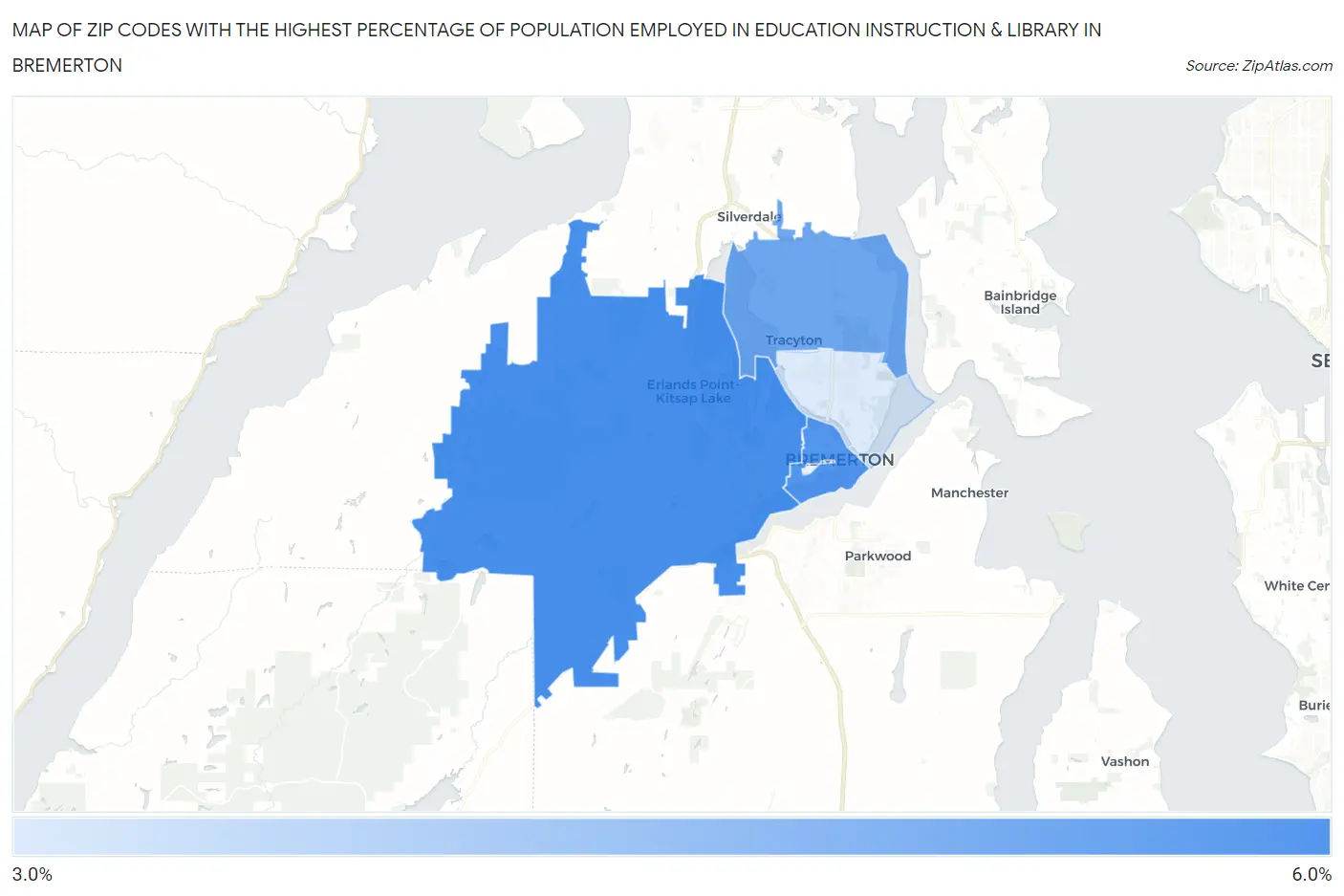 Zip Codes with the Highest Percentage of Population Employed in Education Instruction & Library in Bremerton Map