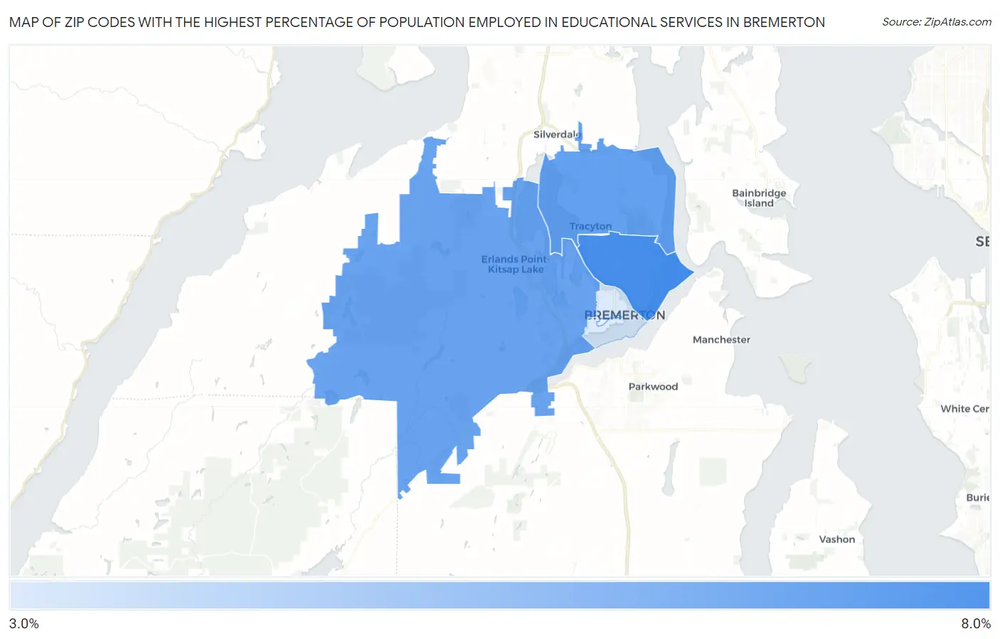 Zip Codes with the Highest Percentage of Population Employed in Educational Services in Bremerton Map