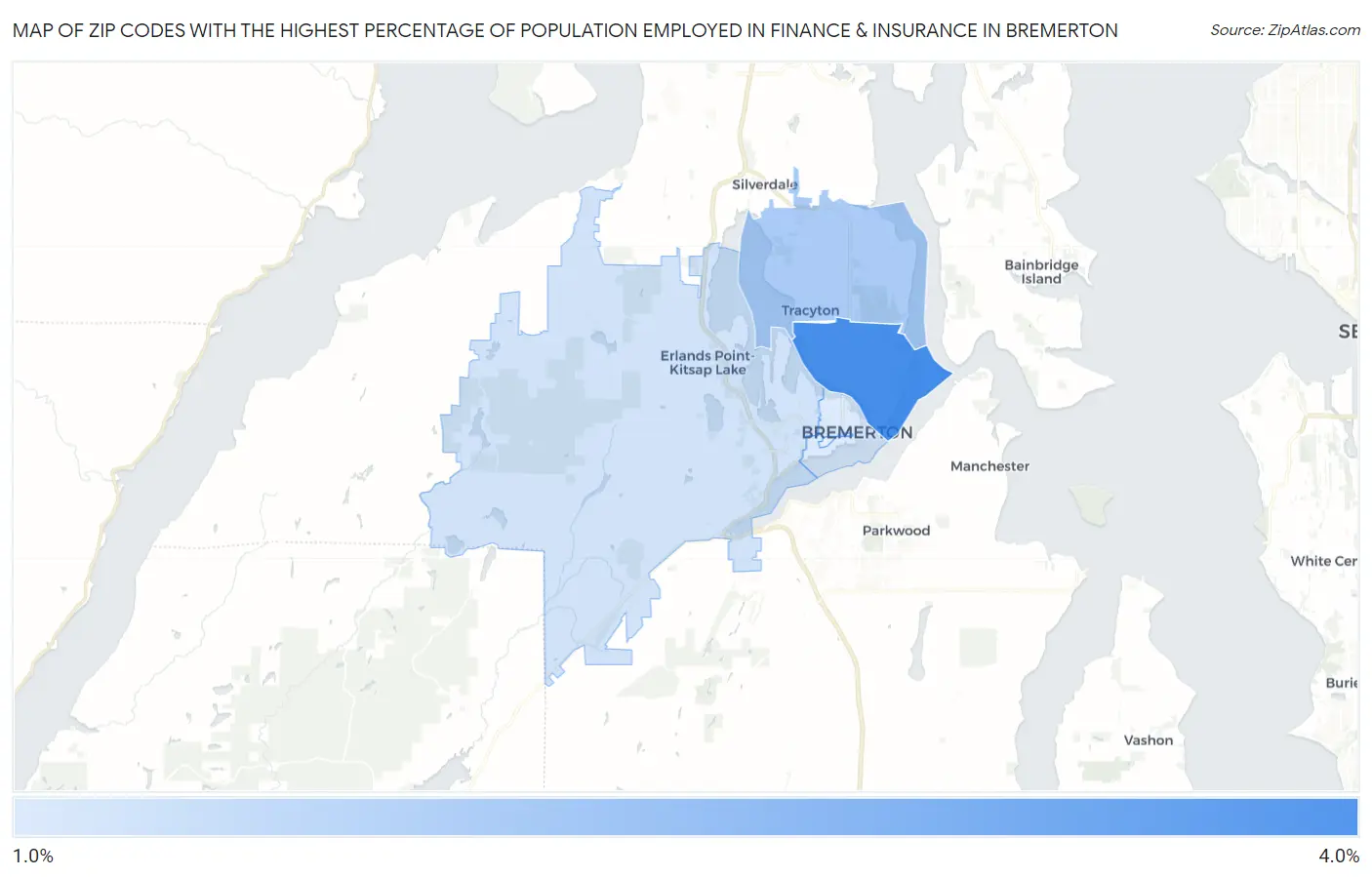 Zip Codes with the Highest Percentage of Population Employed in Finance & Insurance in Bremerton Map