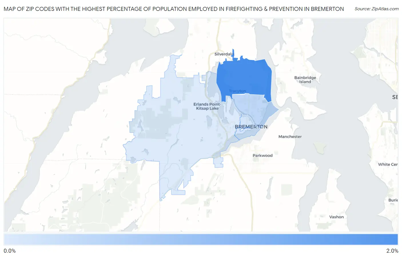Zip Codes with the Highest Percentage of Population Employed in Firefighting & Prevention in Bremerton Map
