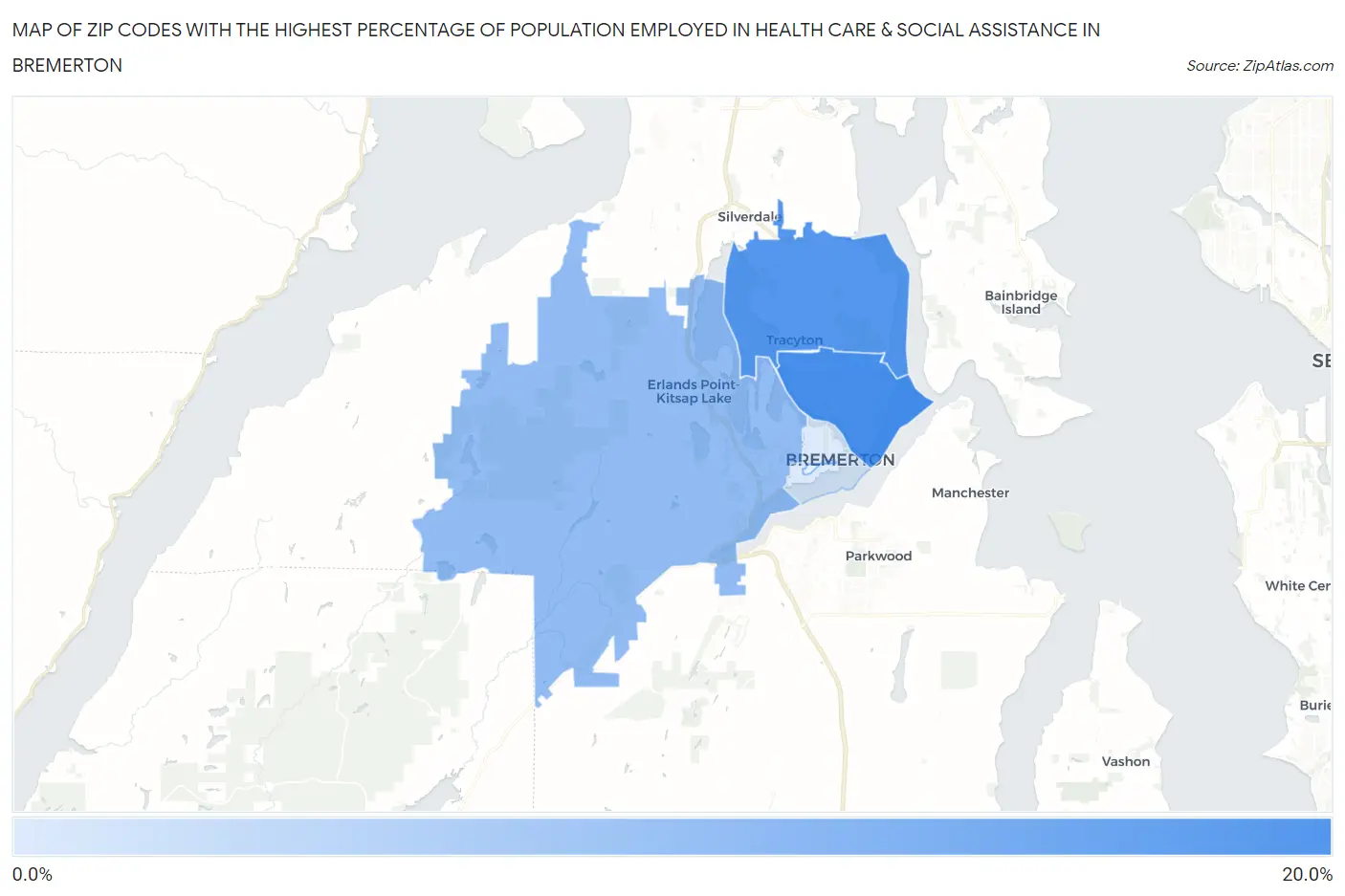 Zip Codes with the Highest Percentage of Population Employed in Health Care & Social Assistance in Bremerton Map