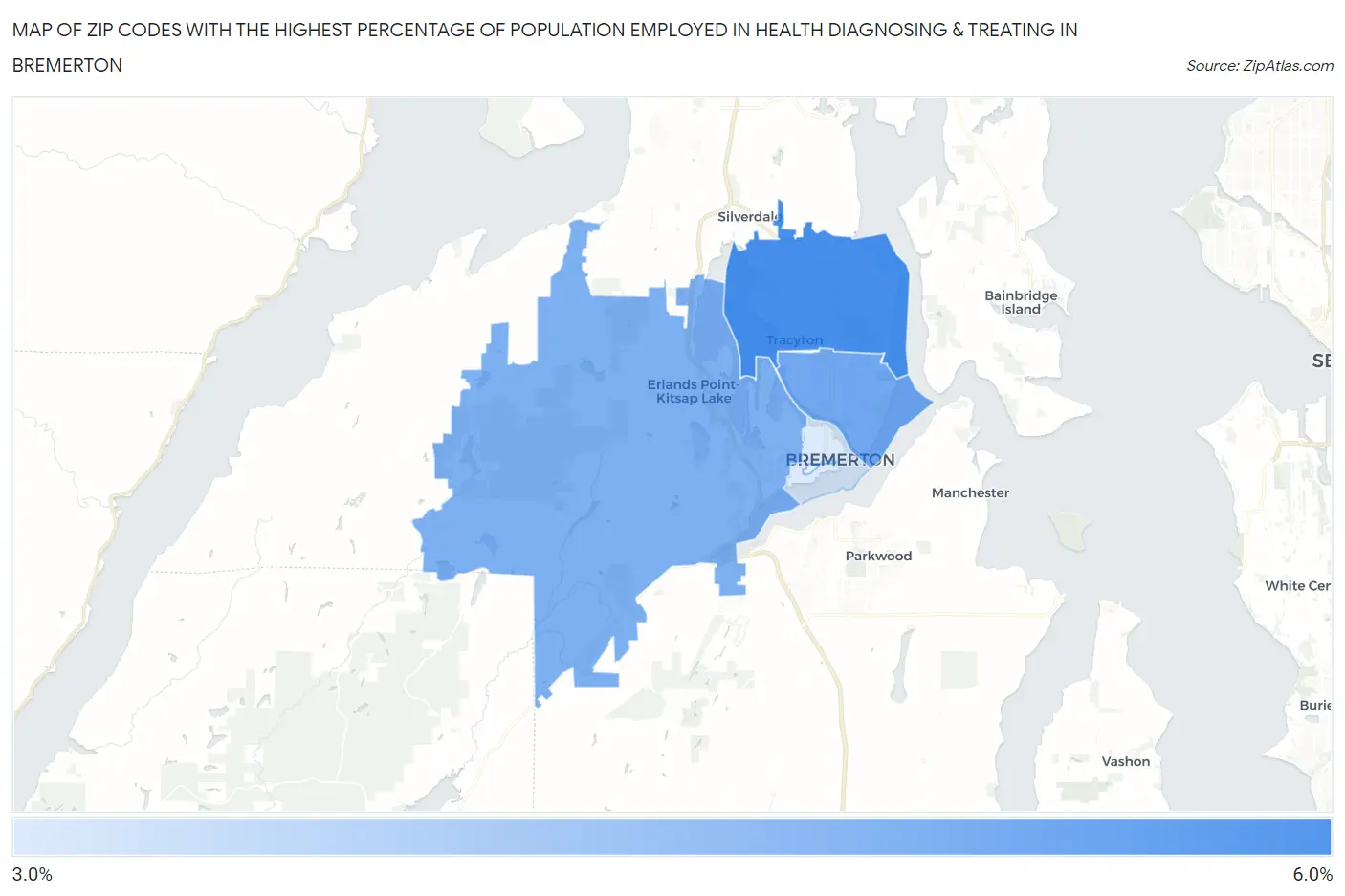 Zip Codes with the Highest Percentage of Population Employed in Health Diagnosing & Treating in Bremerton Map