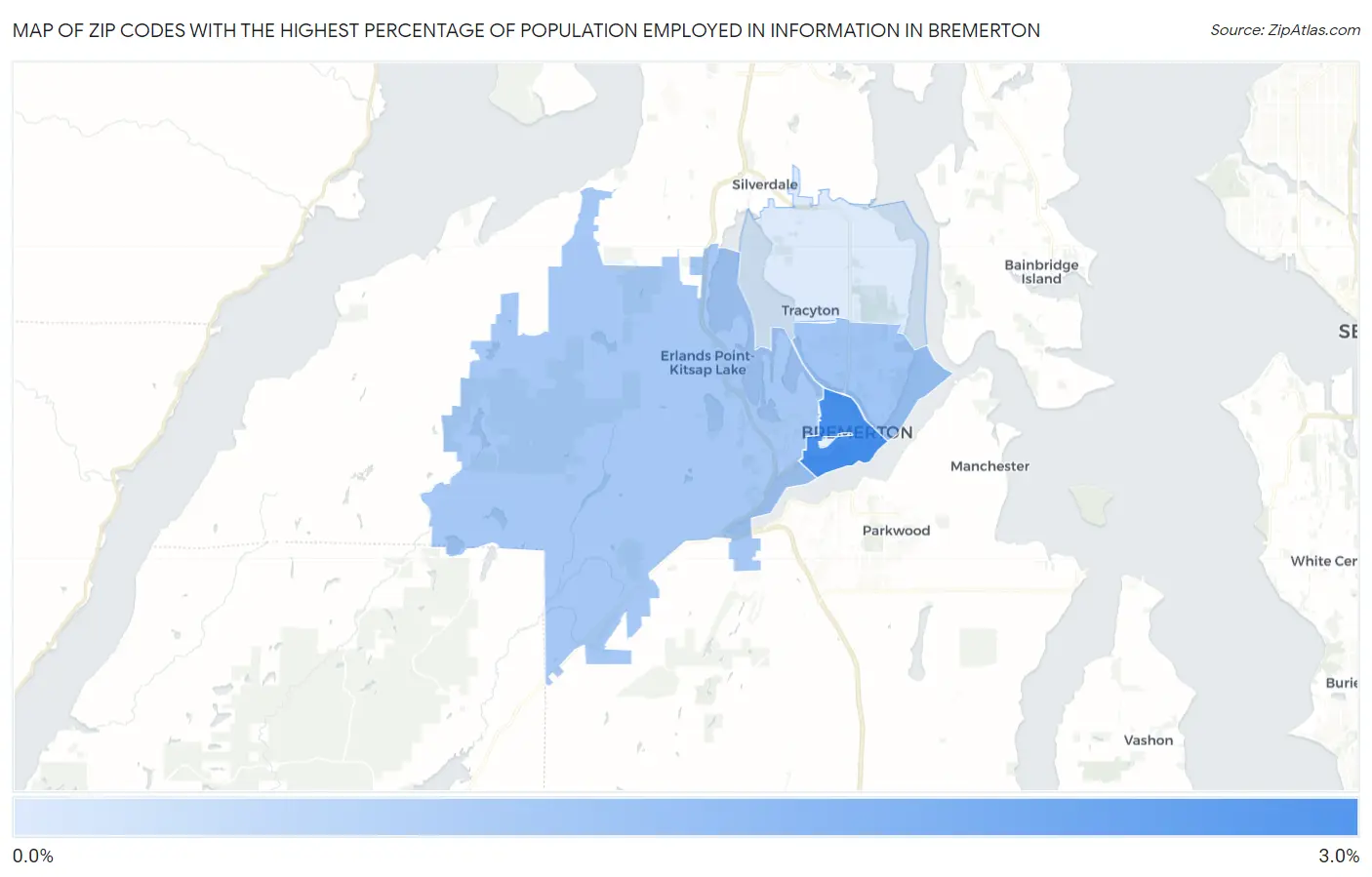 Zip Codes with the Highest Percentage of Population Employed in Information in Bremerton Map