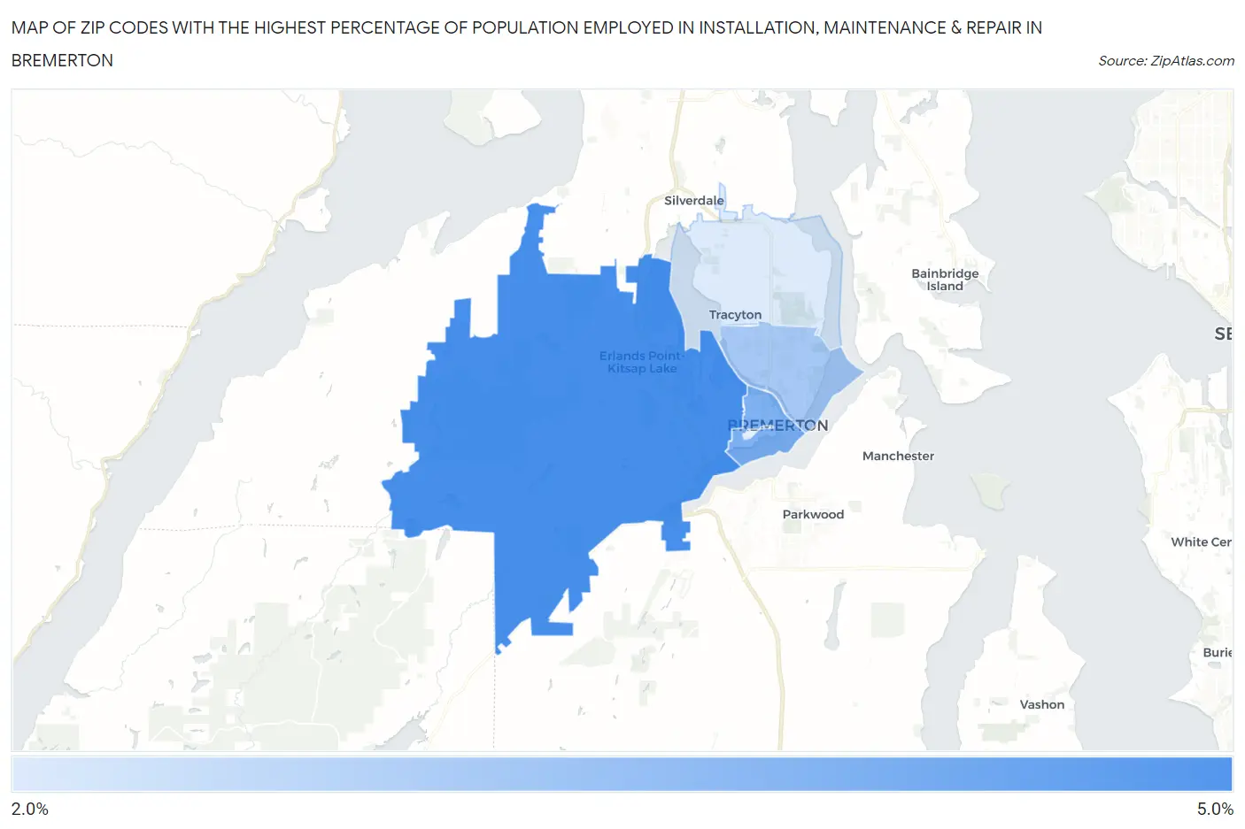 Zip Codes with the Highest Percentage of Population Employed in Installation, Maintenance & Repair in Bremerton Map