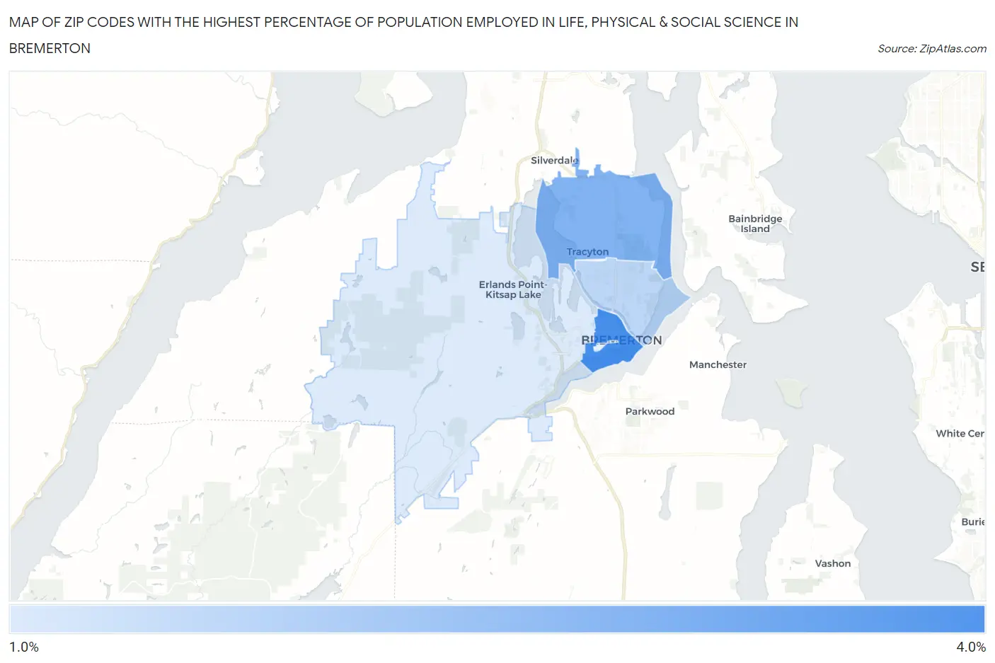 Zip Codes with the Highest Percentage of Population Employed in Life, Physical & Social Science in Bremerton Map