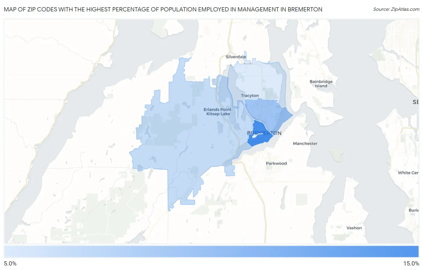 Zip Codes with the Highest Percentage of Population Employed in Management in Bremerton Map
