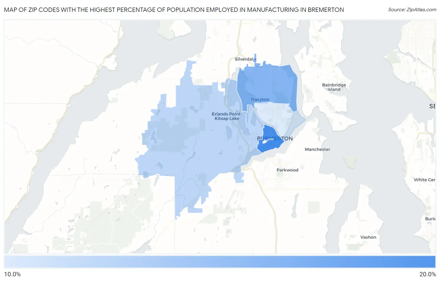 Zip Codes with the Highest Percentage of Population Employed in Manufacturing in Bremerton Map