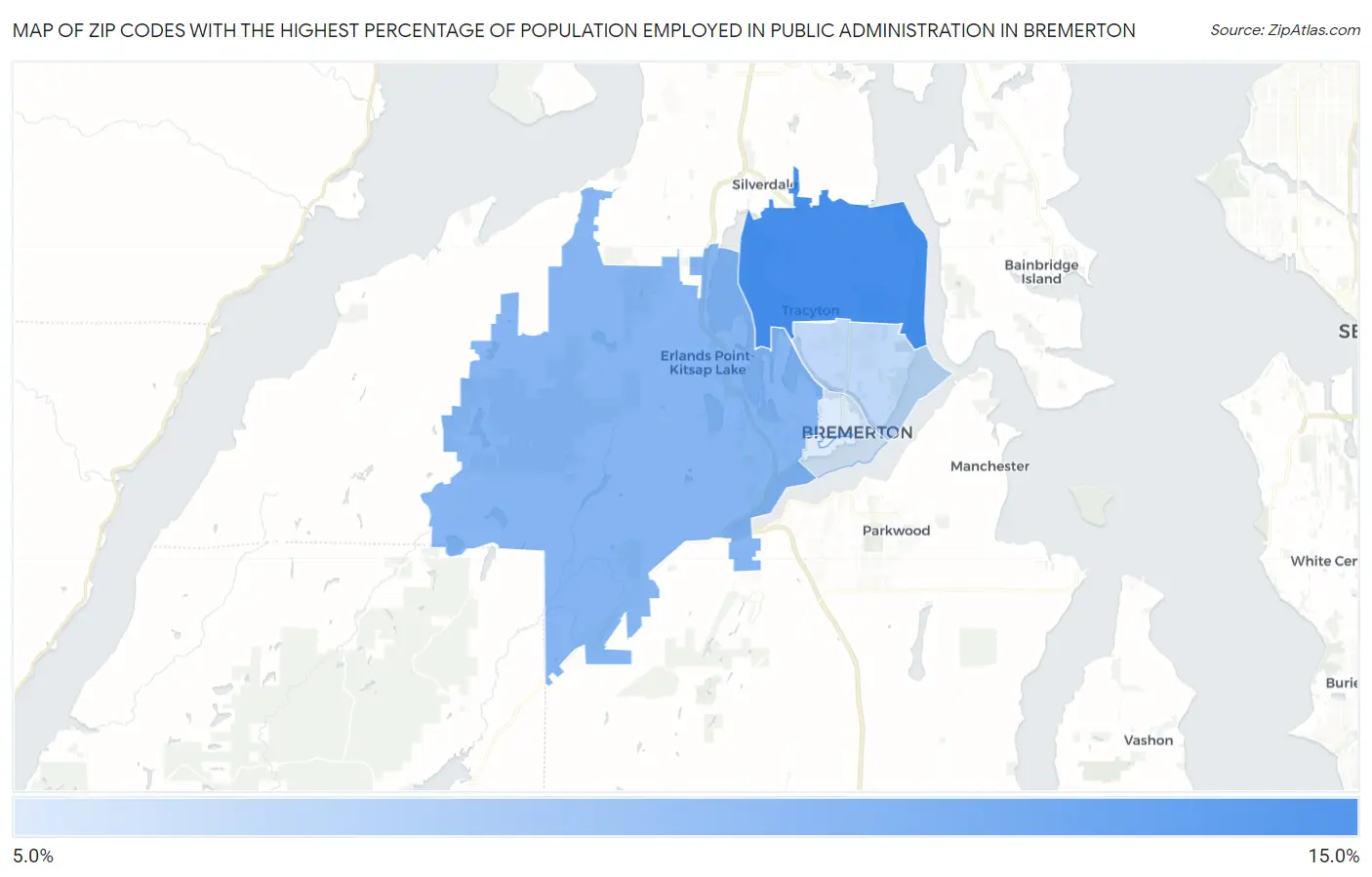 Zip Codes with the Highest Percentage of Population Employed in Public Administration in Bremerton Map