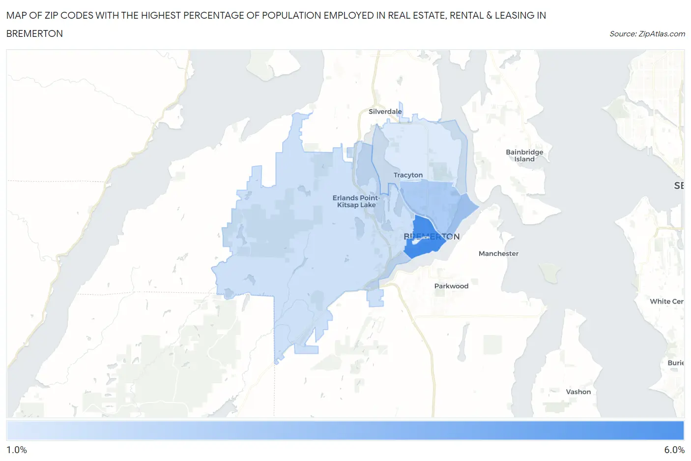 Zip Codes with the Highest Percentage of Population Employed in Real Estate, Rental & Leasing in Bremerton Map
