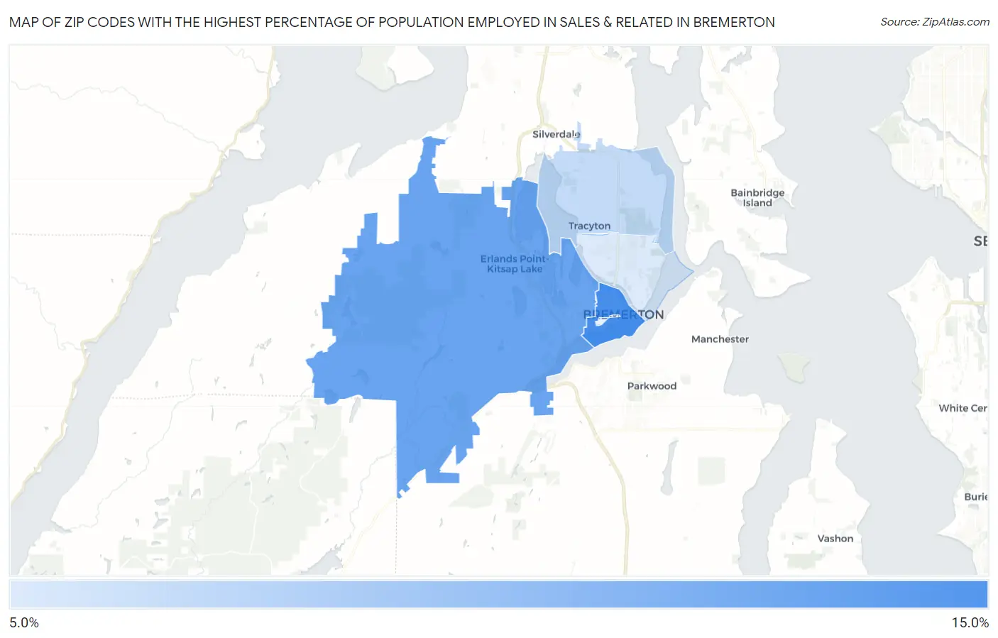 Zip Codes with the Highest Percentage of Population Employed in Sales & Related in Bremerton Map
