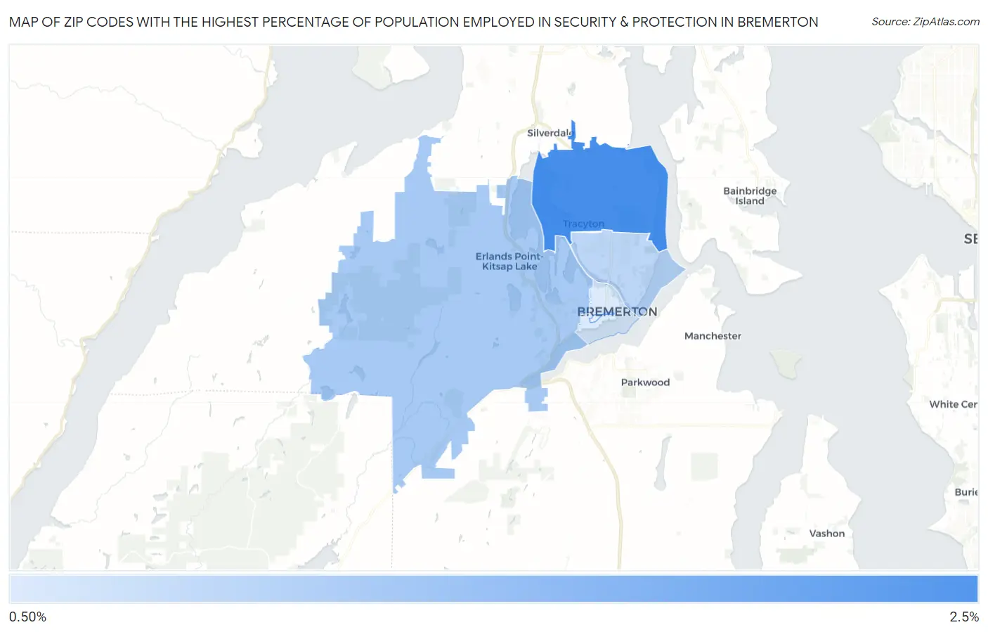 Zip Codes with the Highest Percentage of Population Employed in Security & Protection in Bremerton Map