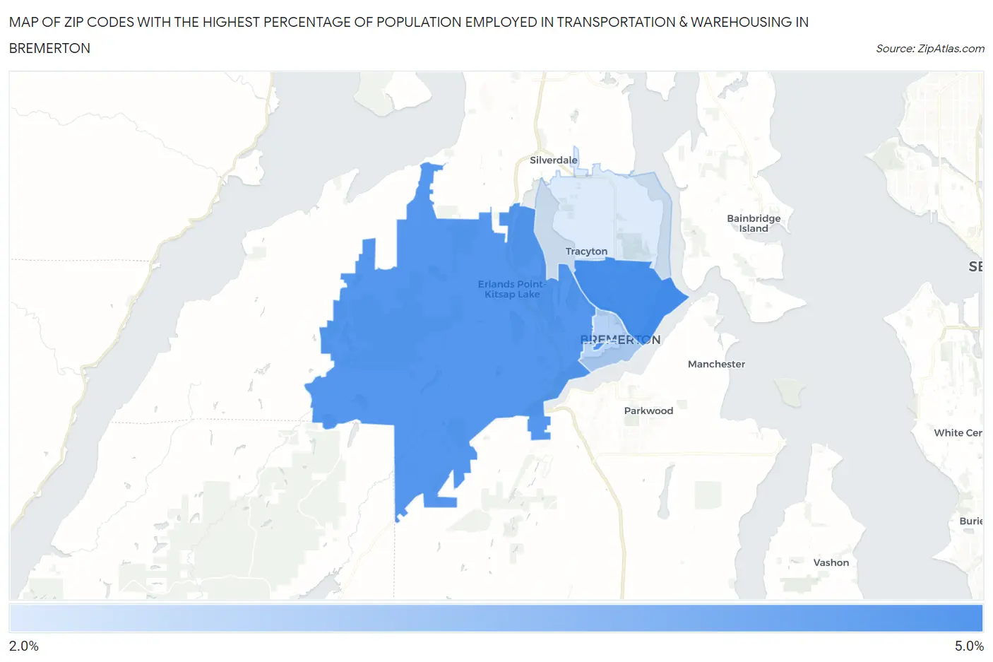 Zip Codes with the Highest Percentage of Population Employed in Transportation & Warehousing in Bremerton Map