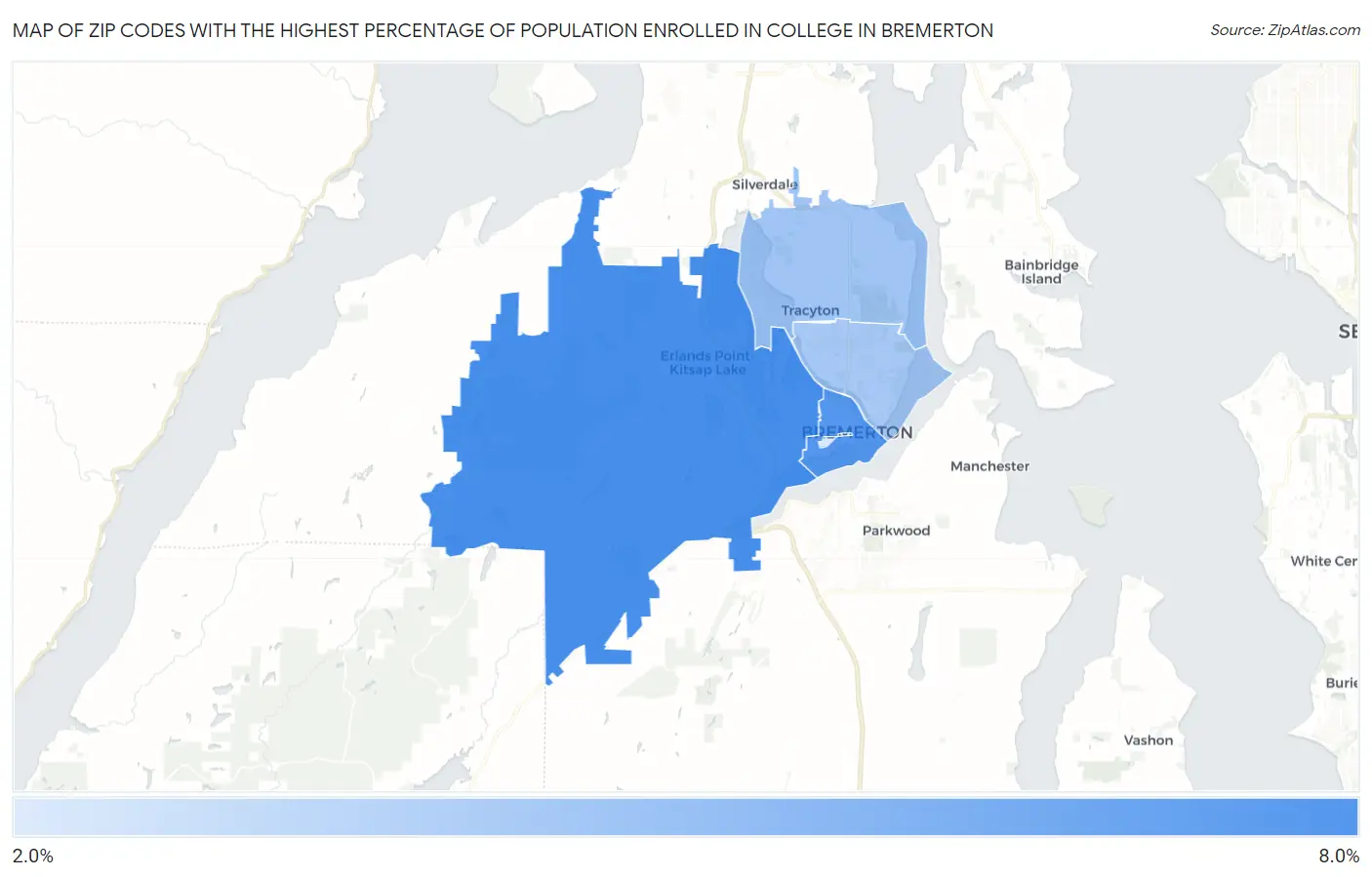 Zip Codes with the Highest Percentage of Population Enrolled in College in Bremerton Map