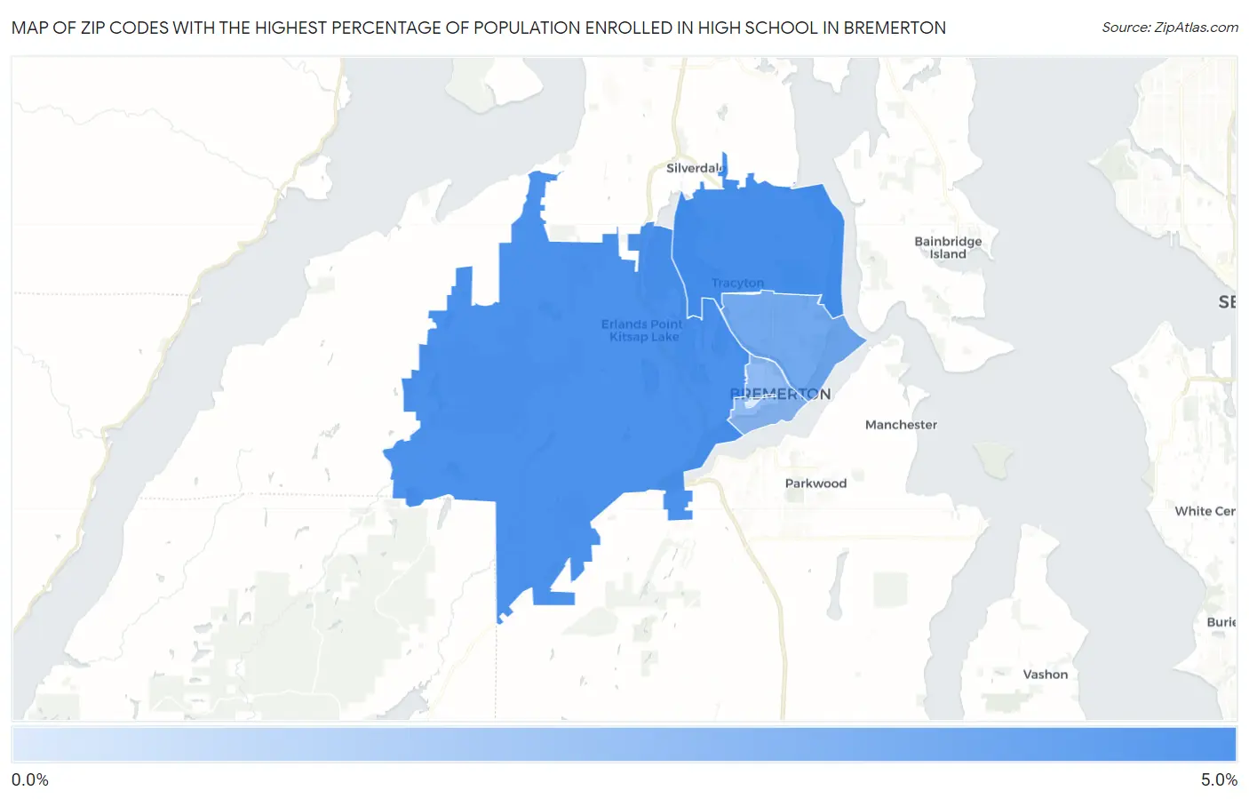 Zip Codes with the Highest Percentage of Population Enrolled in High School in Bremerton Map