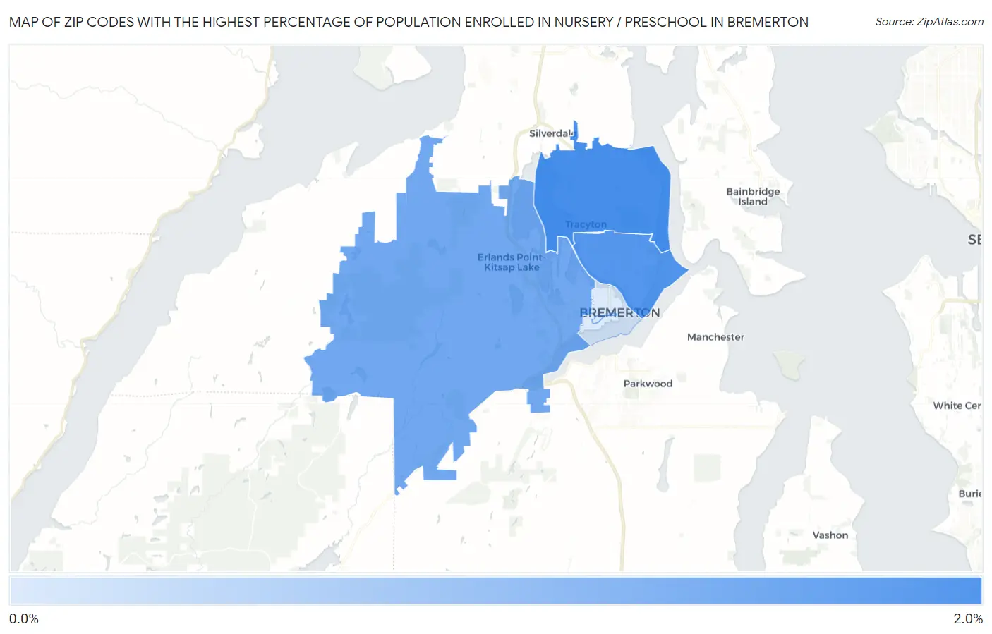 Zip Codes with the Highest Percentage of Population Enrolled in Nursery / Preschool in Bremerton Map