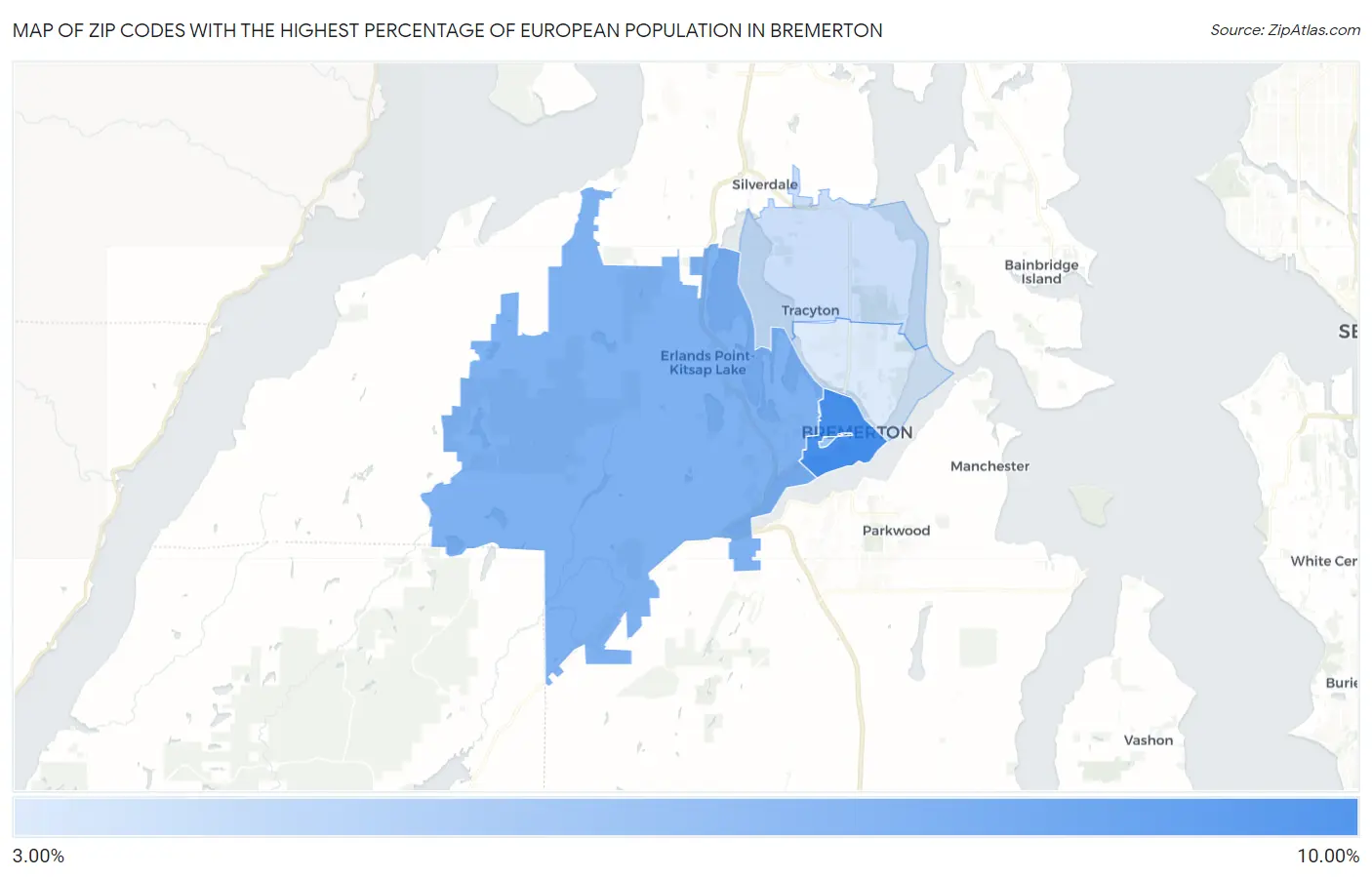 Zip Codes with the Highest Percentage of European Population in Bremerton Map
