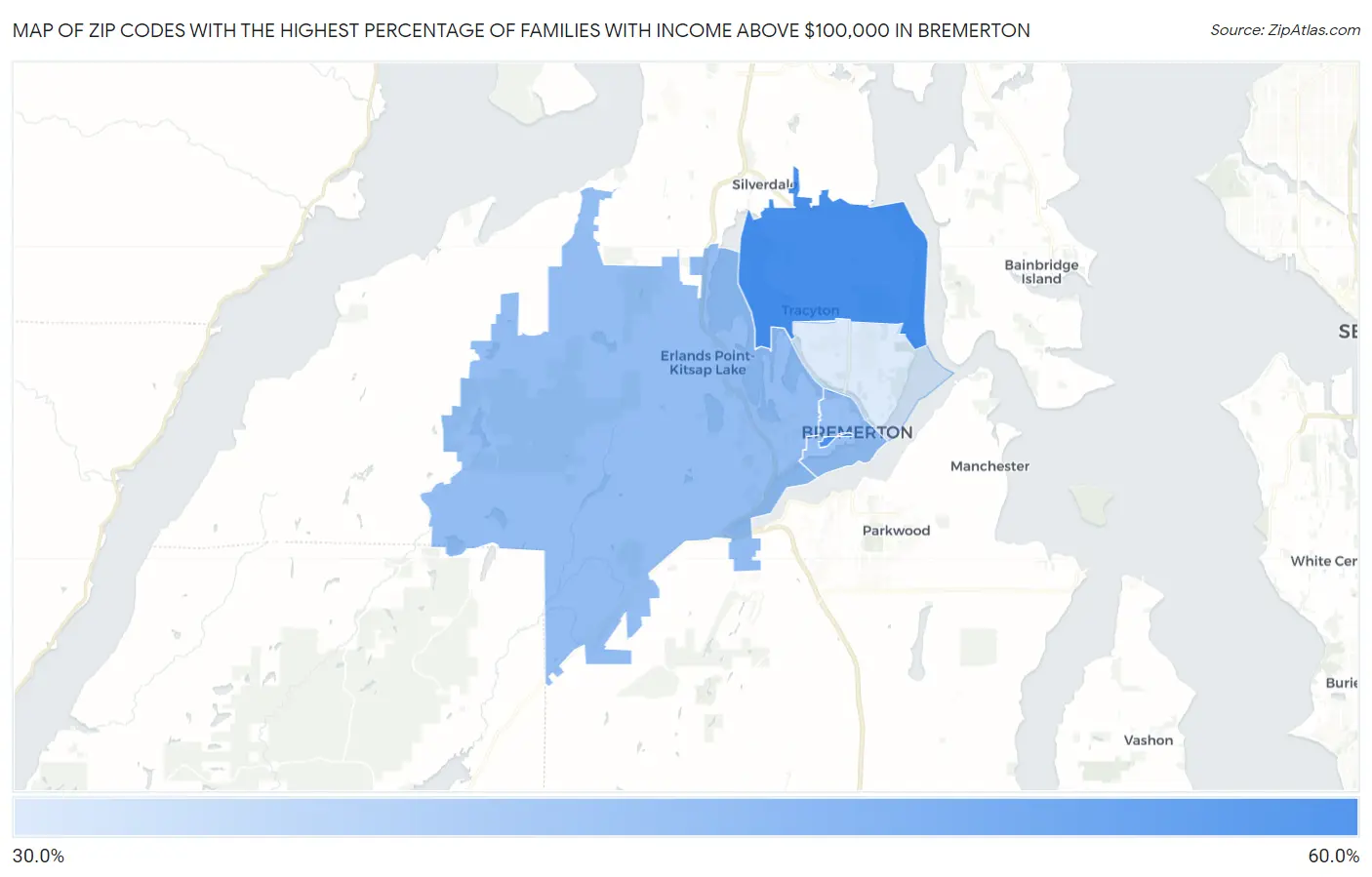 Zip Codes with the Highest Percentage of Families with Income Above $100,000 in Bremerton Map