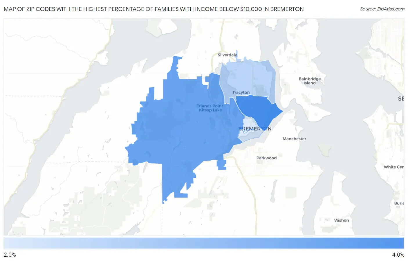 Zip Codes with the Highest Percentage of Families with Income Below $10,000 in Bremerton Map
