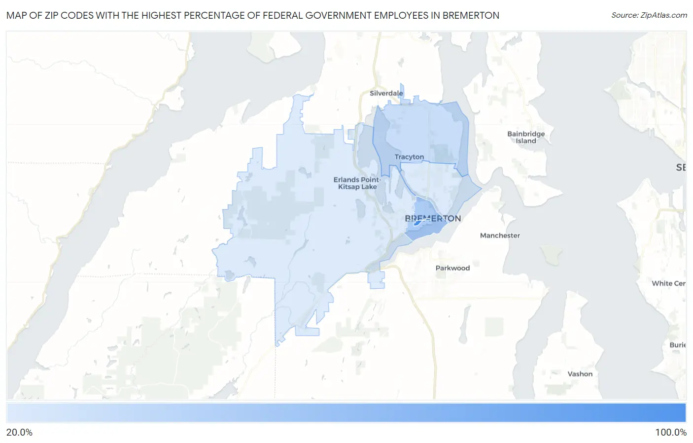 Zip Codes with the Highest Percentage of Federal Government Employees in Bremerton Map