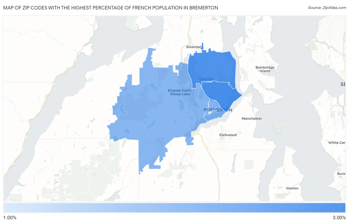 Zip Codes with the Highest Percentage of French Population in Bremerton Map