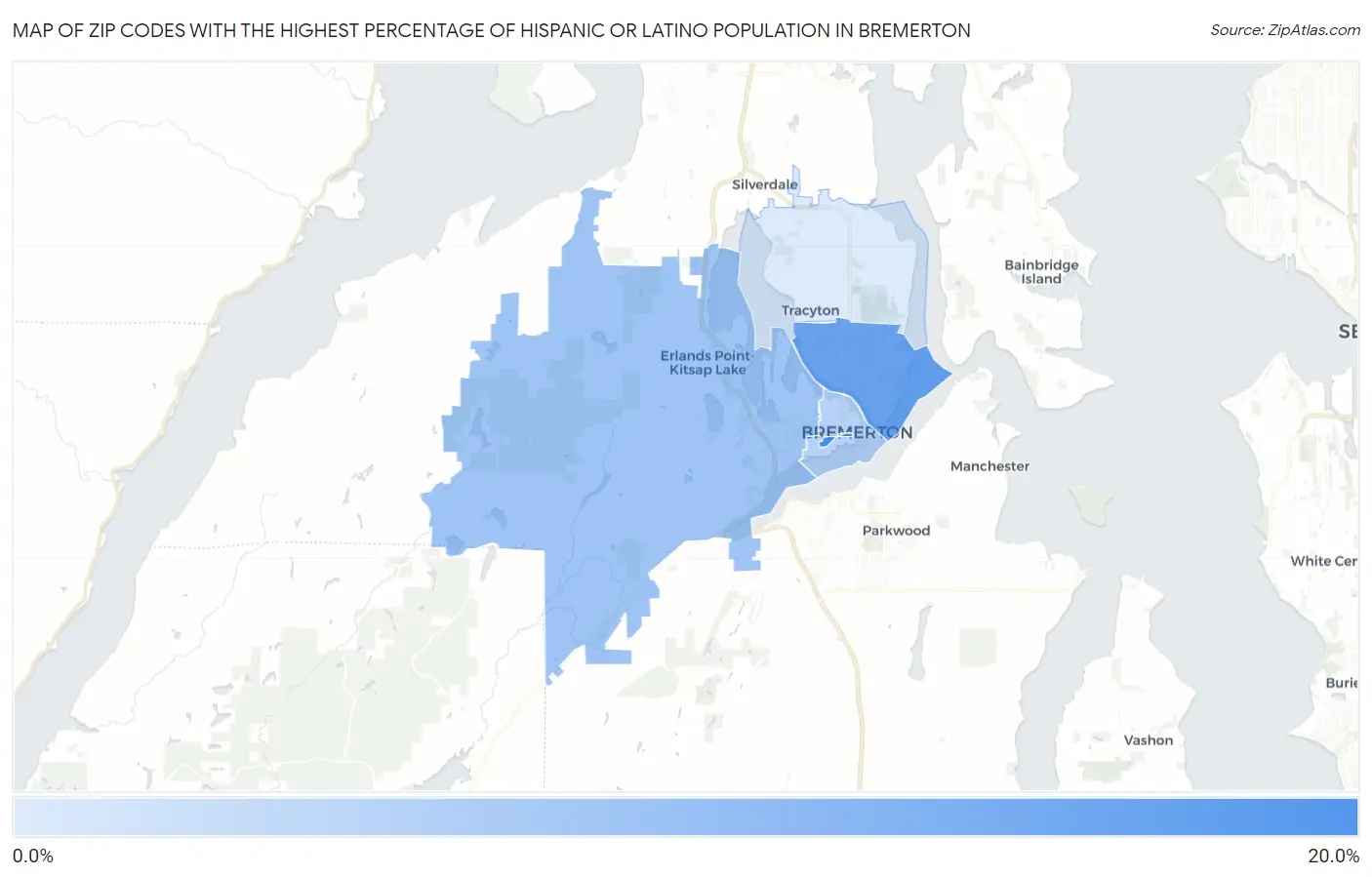 Zip Codes with the Highest Percentage of Hispanic or Latino Population in Bremerton Map