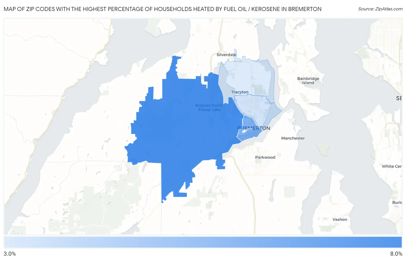 Zip Codes with the Highest Percentage of Households Heated by Fuel Oil / Kerosene in Bremerton Map