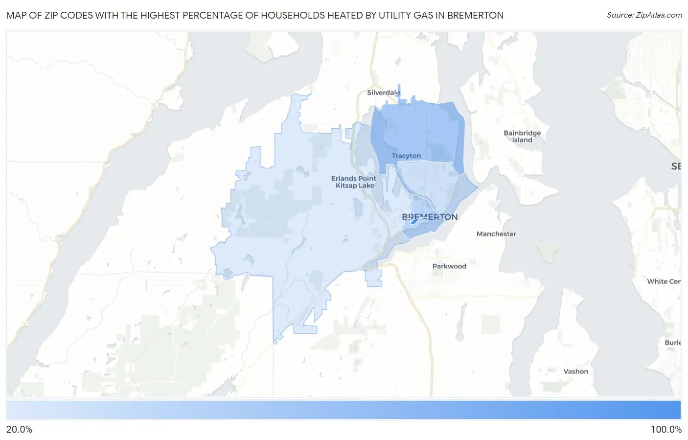 Zip Codes with the Highest Percentage of Households Heated by Utility Gas in Bremerton Map