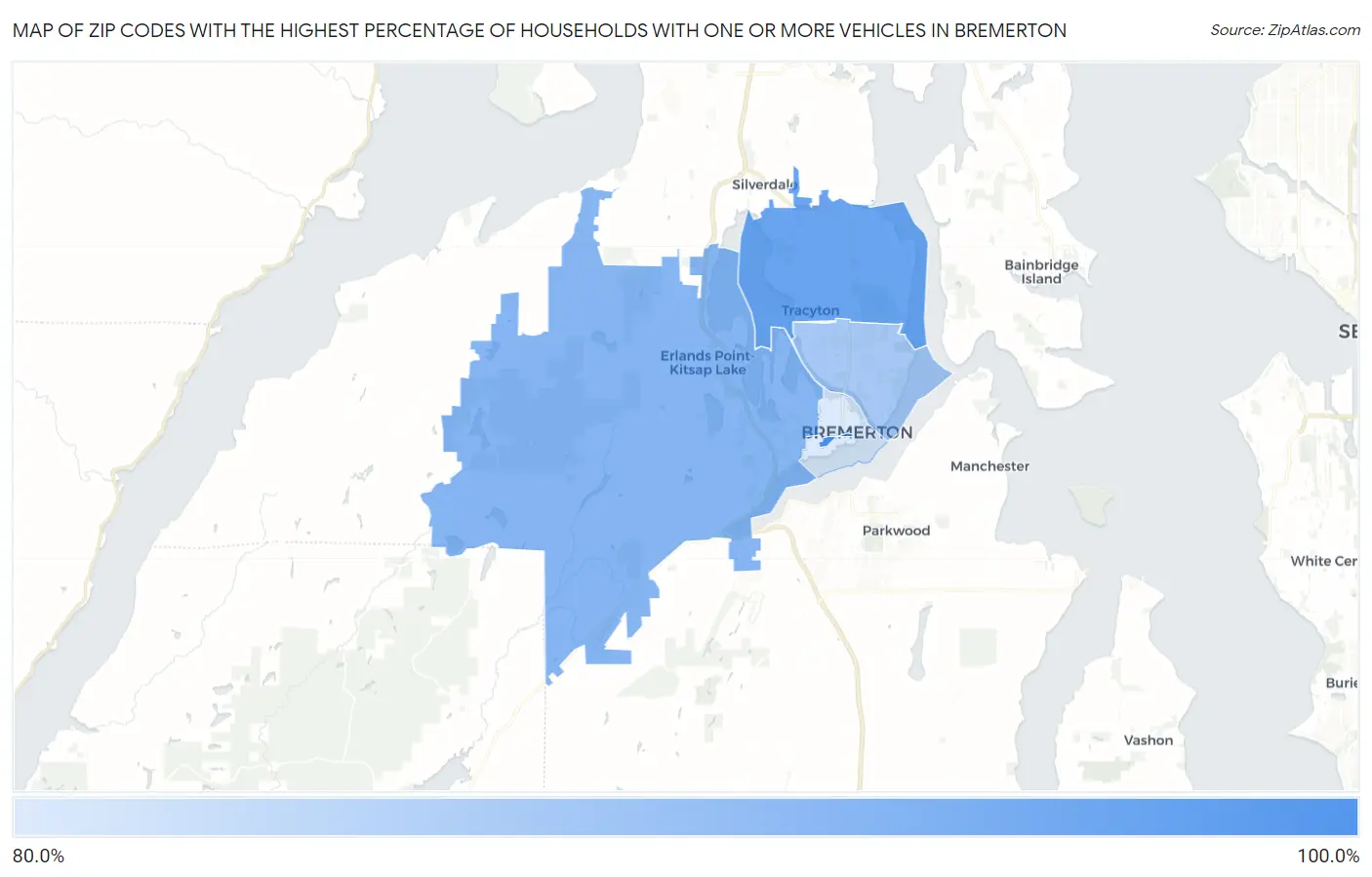Zip Codes with the Highest Percentage of Households With One or more Vehicles in Bremerton Map