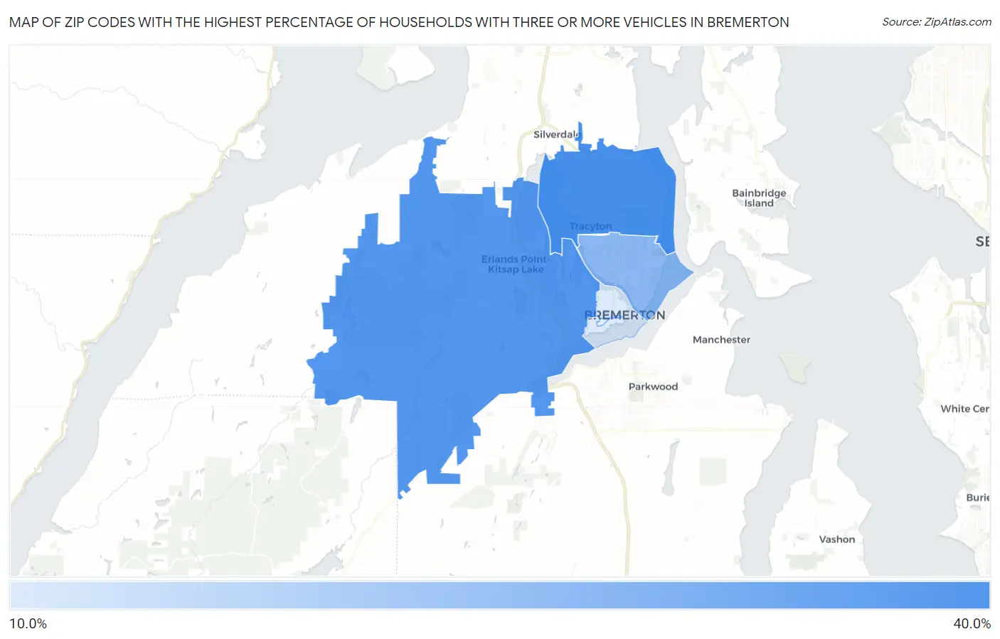 Zip Codes with the Highest Percentage of Households With Three or more Vehicles in Bremerton Map