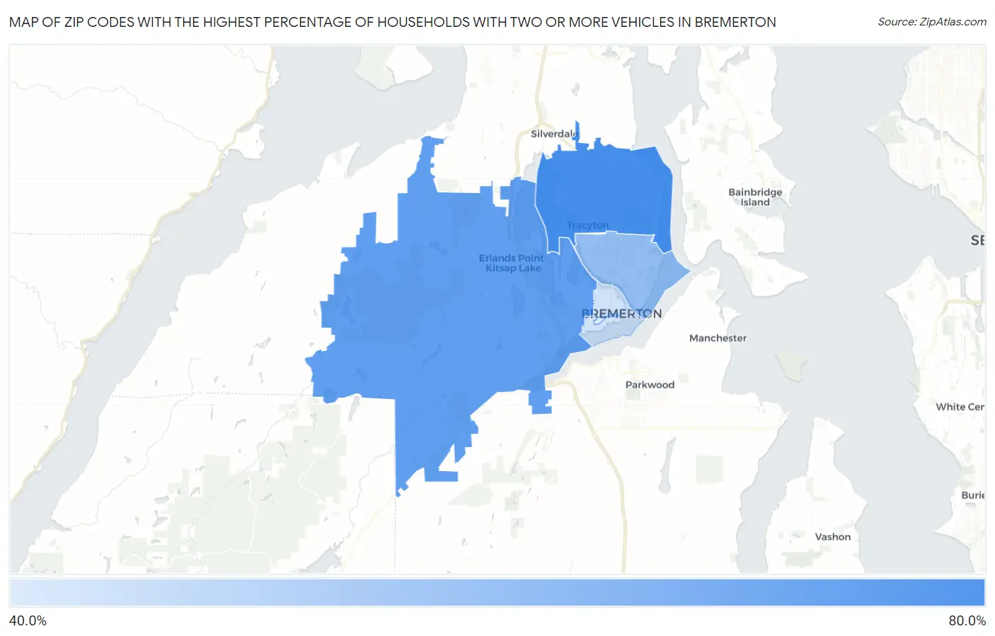 Zip Codes with the Highest Percentage of Households With Two or more Vehicles in Bremerton Map