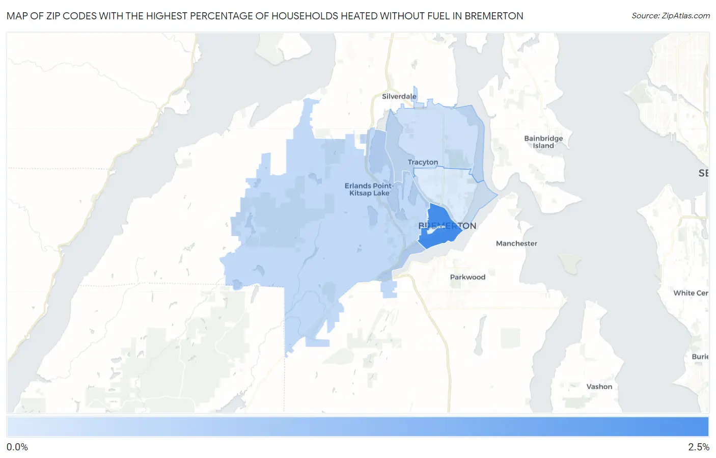 Zip Codes with the Highest Percentage of Households Heated without Fuel in Bremerton Map