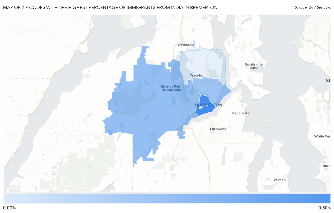 Zip Codes with the Highest Percentage of Immigrants from India in Bremerton Map